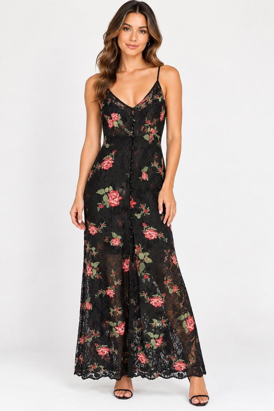 NWT Tobi M Black Lace Rose Embroidered Maxi Dress Button Front Sheer Floral